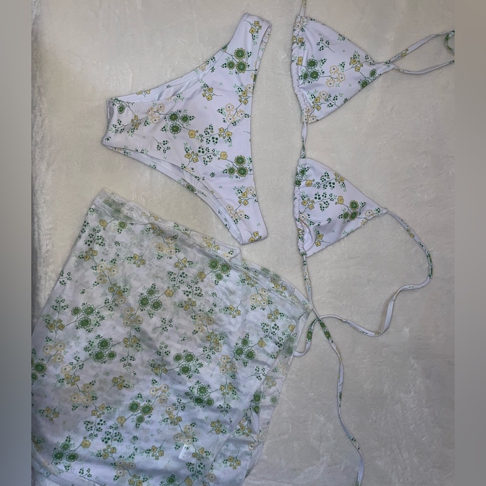 Floral print white and green bikini and coverup